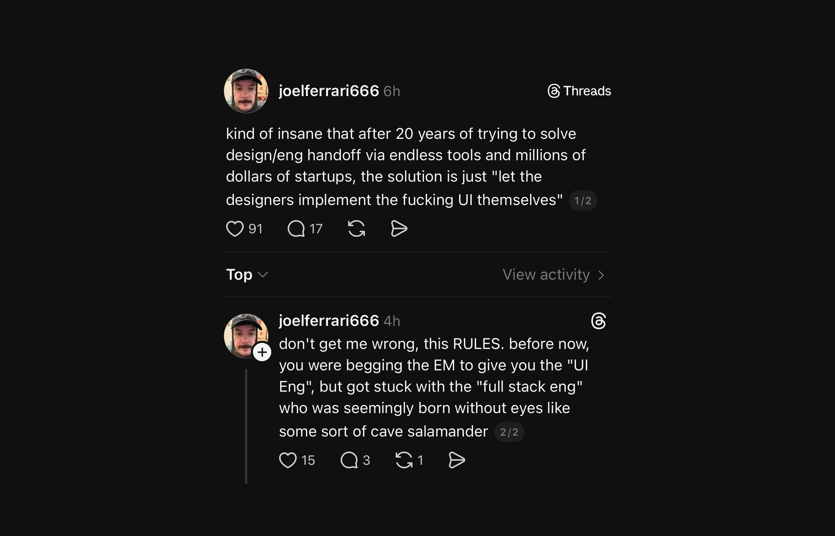 A screenshot of a Thread post where a designer rejoices cutting engineers out of the loop when implementing a UI.